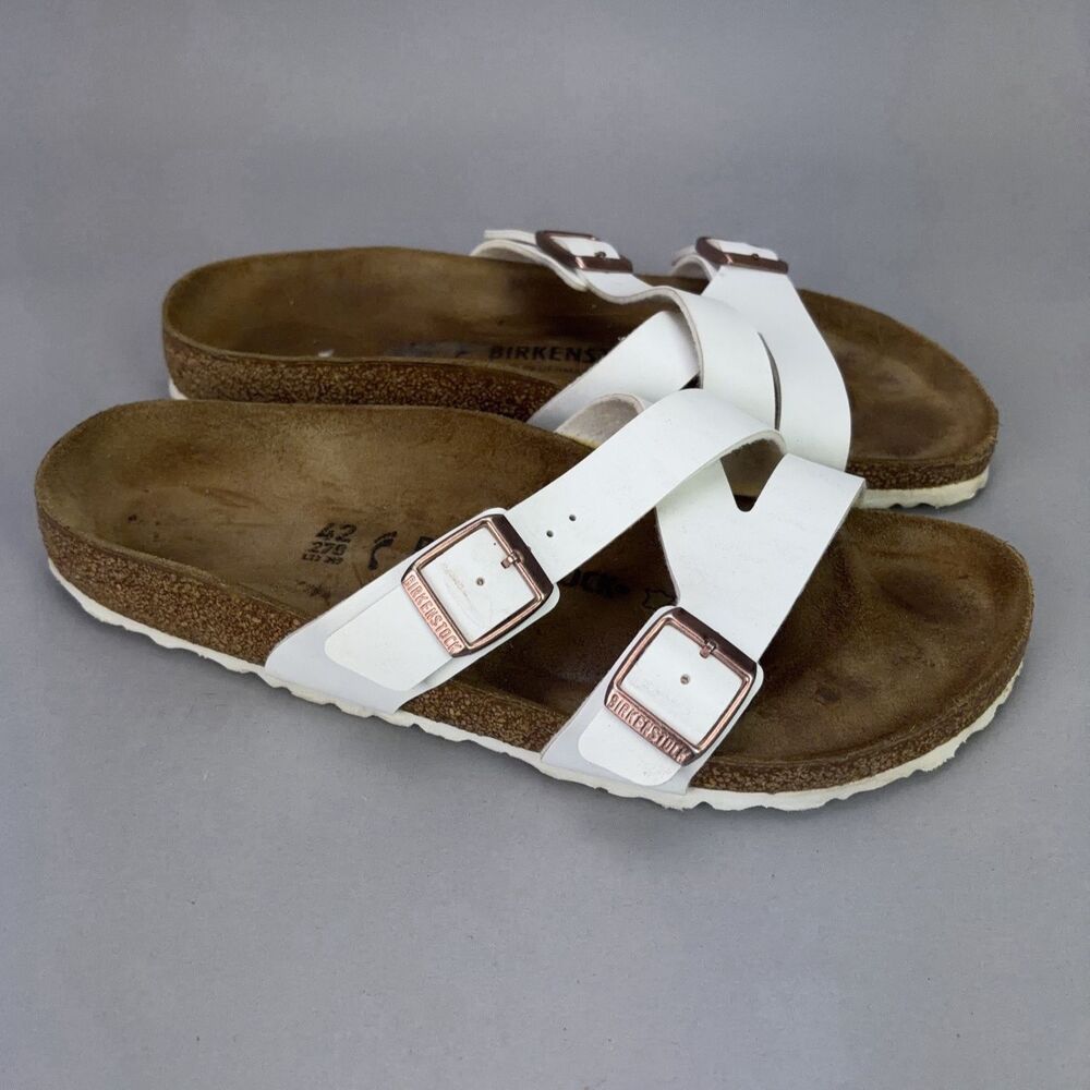 Birkenstock Yao White Leather Sandals Rose Gold Buckles Slides 42 / US L 11 M9